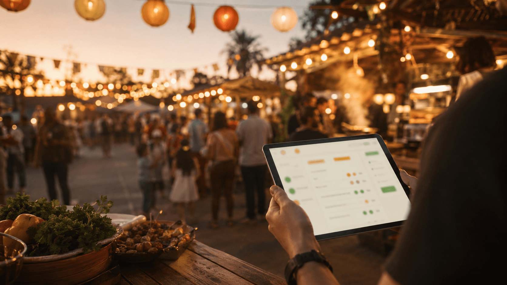 Tablet-Bestellsystem im Einsatz vor Festival-Kulisse bei goldener Abendsonne
