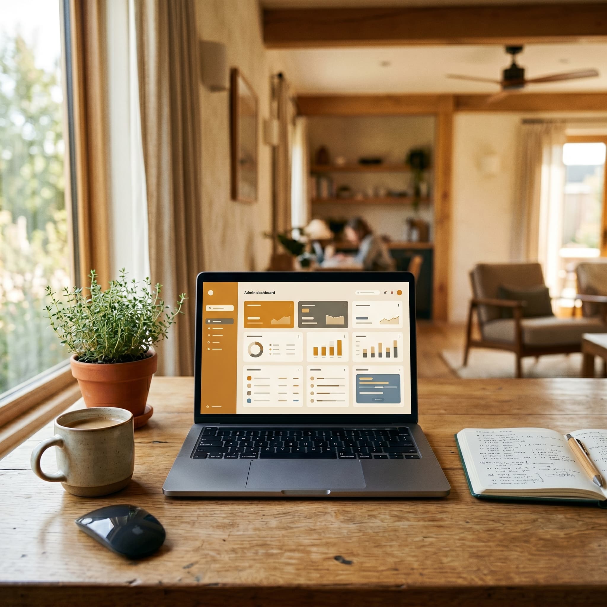 Laptop auf Holztisch zeigt Admin-Oberfläche zum Anlegen von Ständen und Produkten