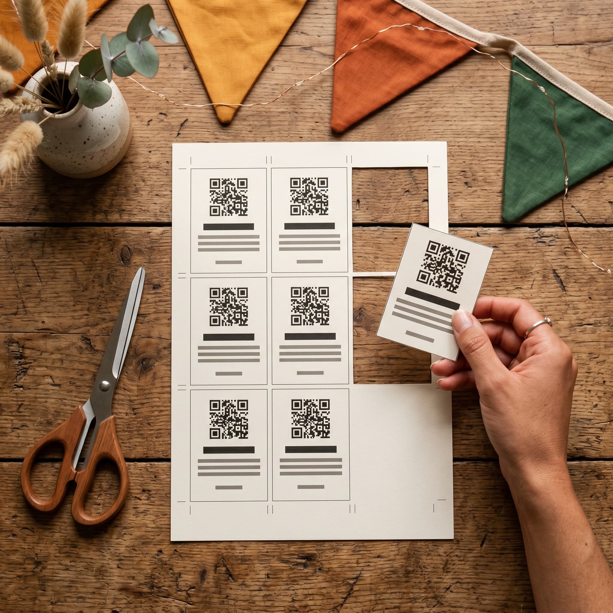 Hand schneidet ausgedruckte QR-Code-Karten auf einem Tisch aus